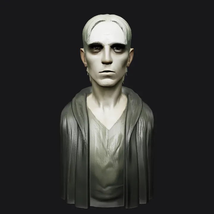 person in dark robe or cloak. smooth edges, complex geometry, character, symmetric geometry.