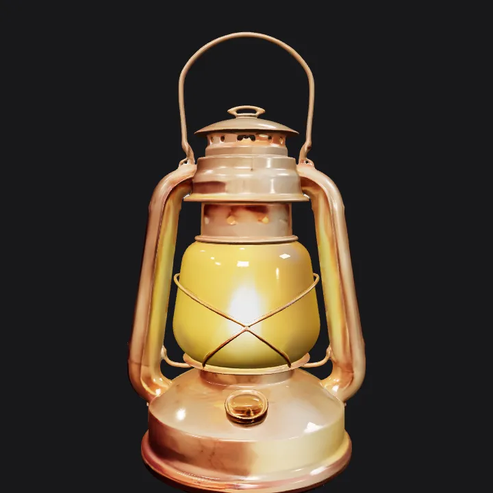Vintage oil lantern with glowing light. sharp edges, simple geometry, game-ready, symmetric geometry.