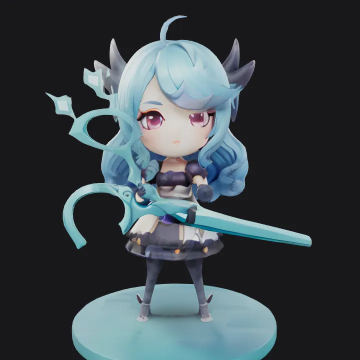 Chibi-style anime figure with weapon. sharp edges, smooth edges, complex geometry, game-ready, character.