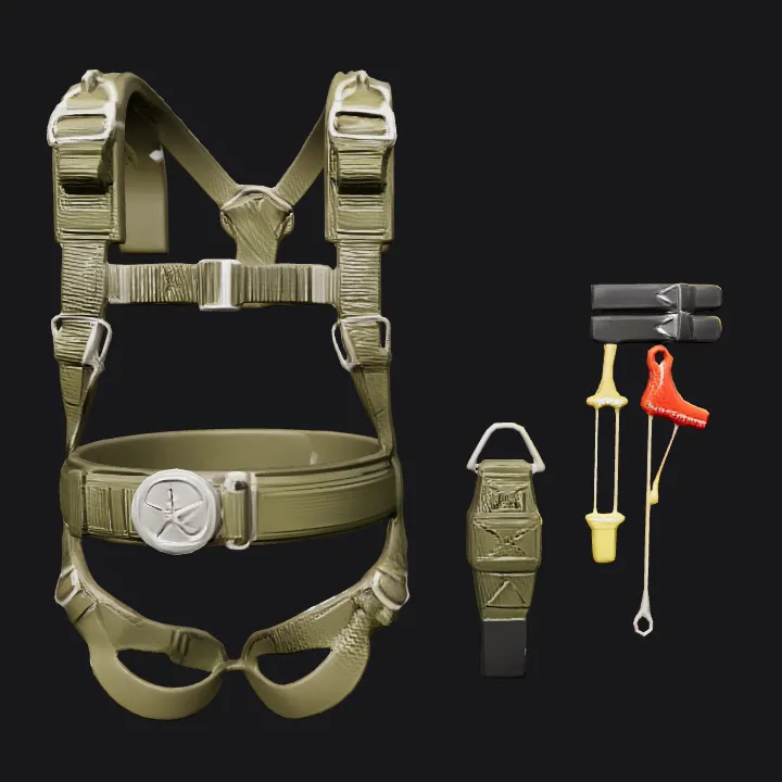 Safety harness with accessories for protection. smooth edges, complex geometry, game-ready, symmetric geometry.
