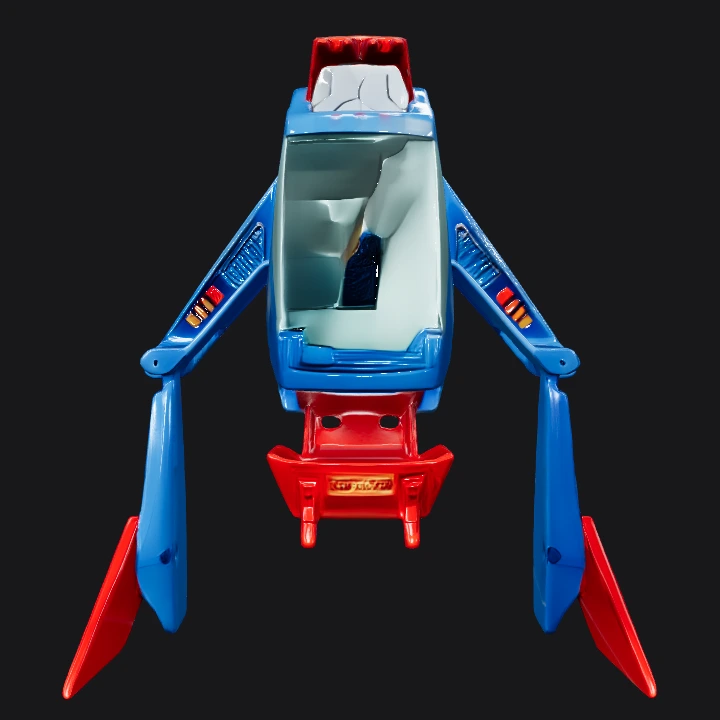 Blue and red robotic walking vehicle toy. sharp edges, complex geometry, game-ready, symmetric geometry.