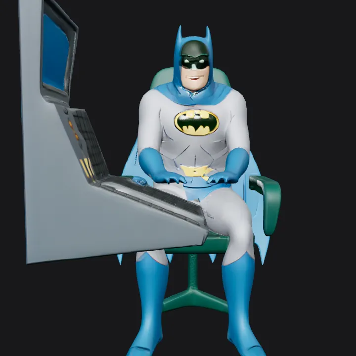 Batman sitting at a computer desk. complex geometry, character.