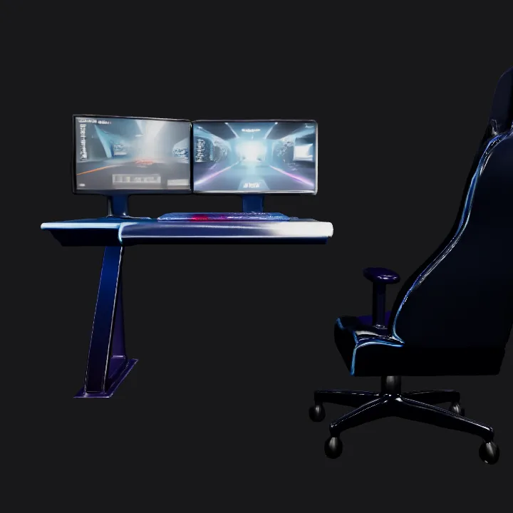 Futuristic gaming bedroom setup. sharp edges, complex geometry, game-ready.