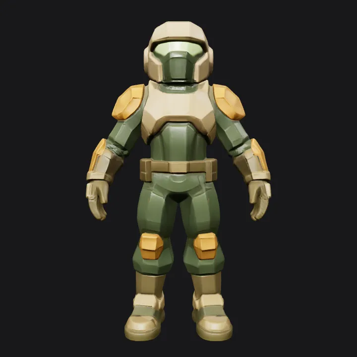Armored sci-fi soldier character. sharp edges, simple geometry, game-ready, character, symmetric geometry.