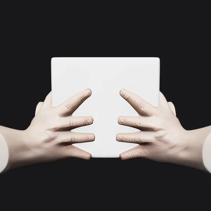 A white cube held by two hands. sharp edges, simple geometry.
