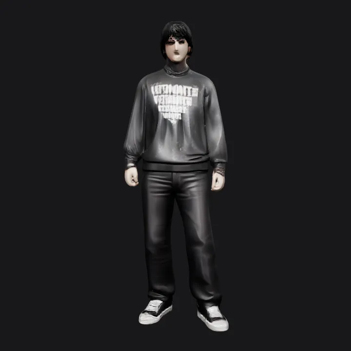 Man wearing casual black outfit. complex geometry, character.