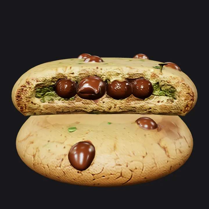 Chocolate chip cookie with a bite taken. smooth edges, simple geometry.