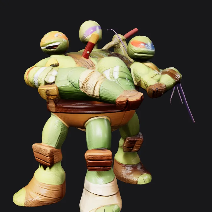 Four Teenage Mutant Ninja Turtles characters. complex geometry, game-ready, smooth edges, character.
