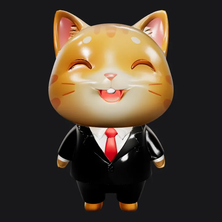 Cartoon cat in a business suit. smooth edges, simple geometry, game-ready, character, symmetric geometry.