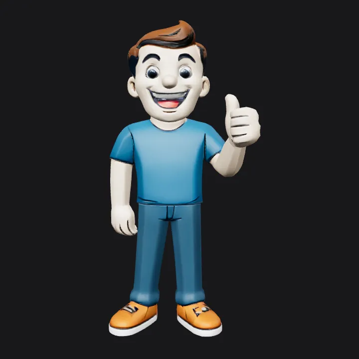 Cartoon man showing thumbs up. smooth edges, simple geometry, game-ready, character.