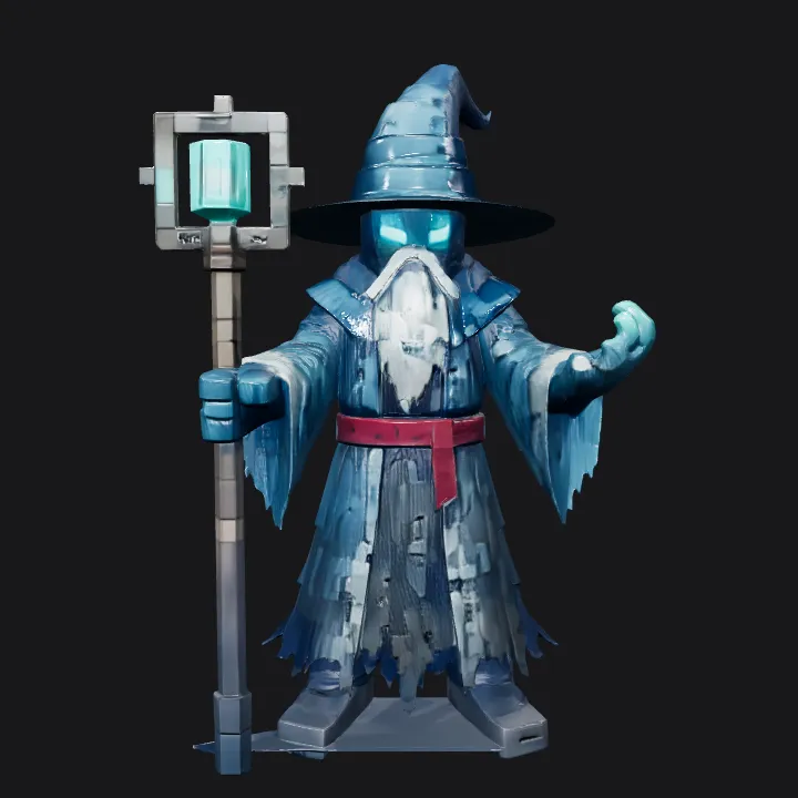 wizard holding a glowing staff. sharp edges, complex geometry, game-ready, character.