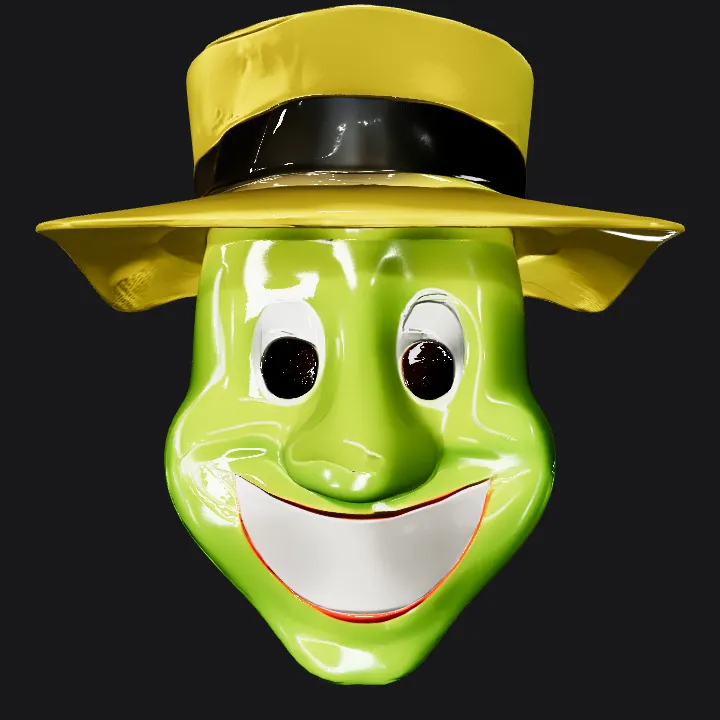 Green smiling mask with yellow hat. smooth edges, simple geometry, game-ready, character, symmetric geometry.