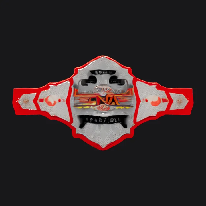 Wrestling championship belt, metallic with red strap. sharp edges, complex geometry, symmetric geometry.