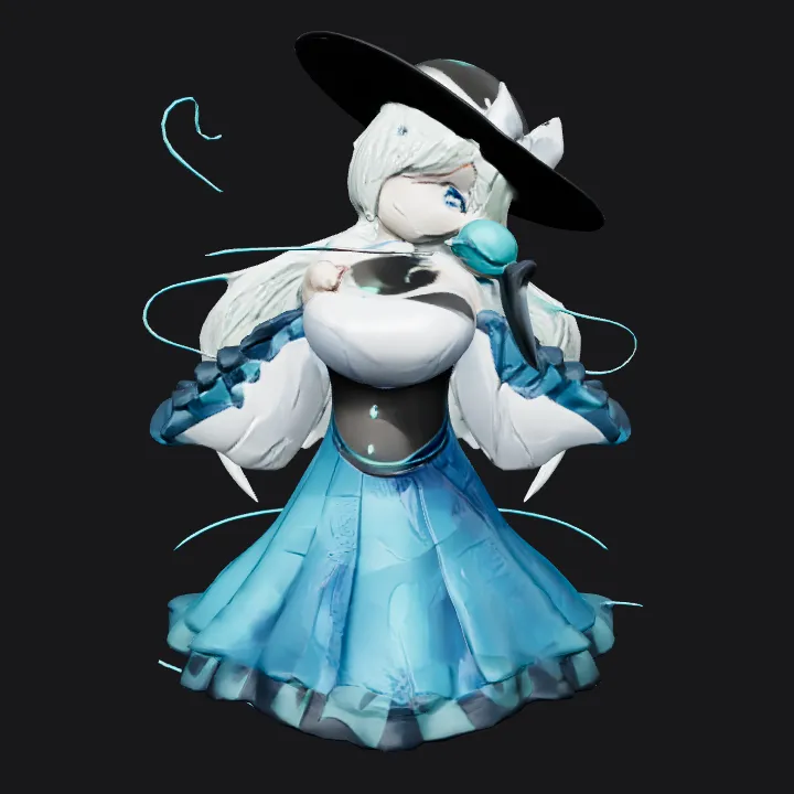 Anime girl with green hair and hat. smooth edges, complex geometry, game-ready, character.