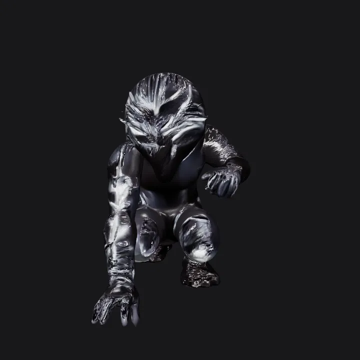 Shadowy crouching humanoid figure. sharp edges, complex geometry, game-ready, character.