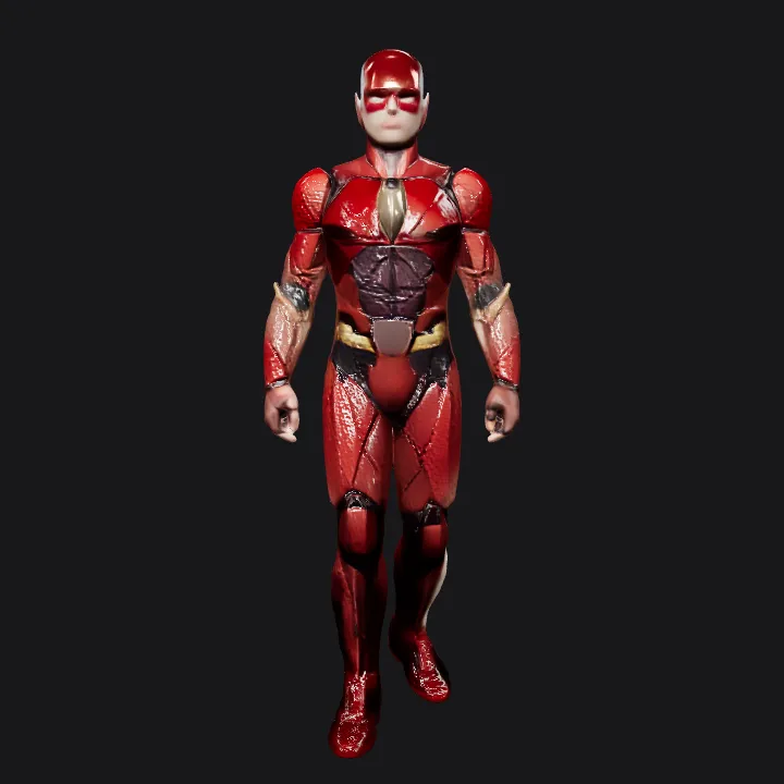 Superhero in red armored suit. sharp edges, complex geometry, character, symmetric geometry.