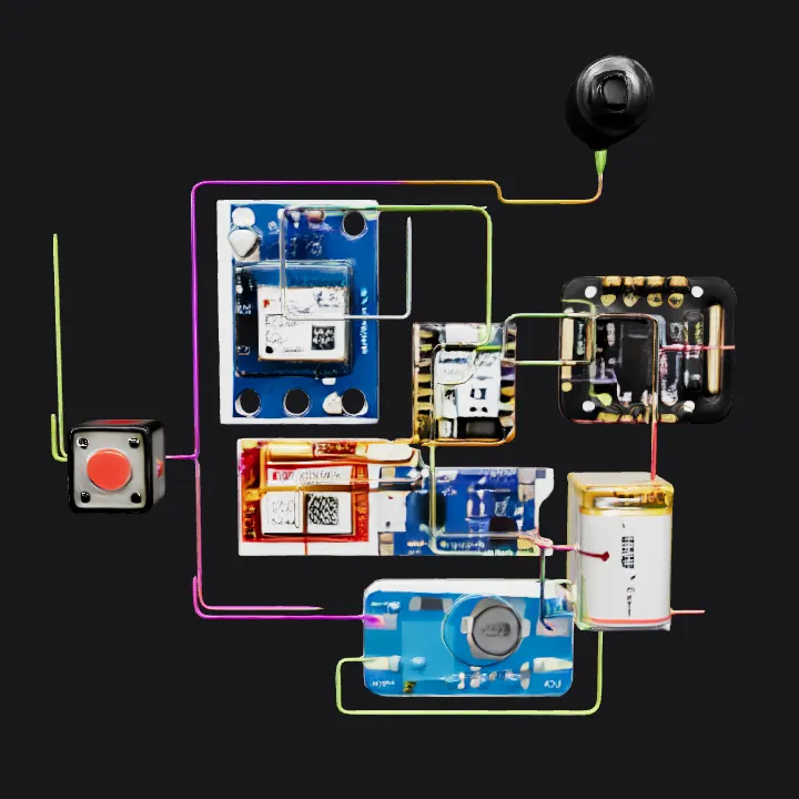 electronic circuit board schematic with modules. sharp edges, complex geometry.