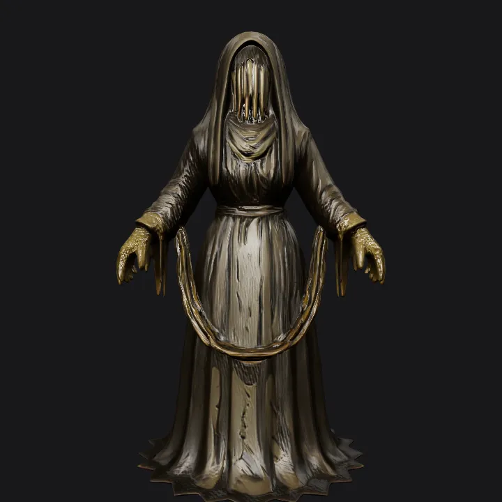 Hooded, chained, faceless humanoid figure. smooth edges, complex geometry, character, symmetric geometry.