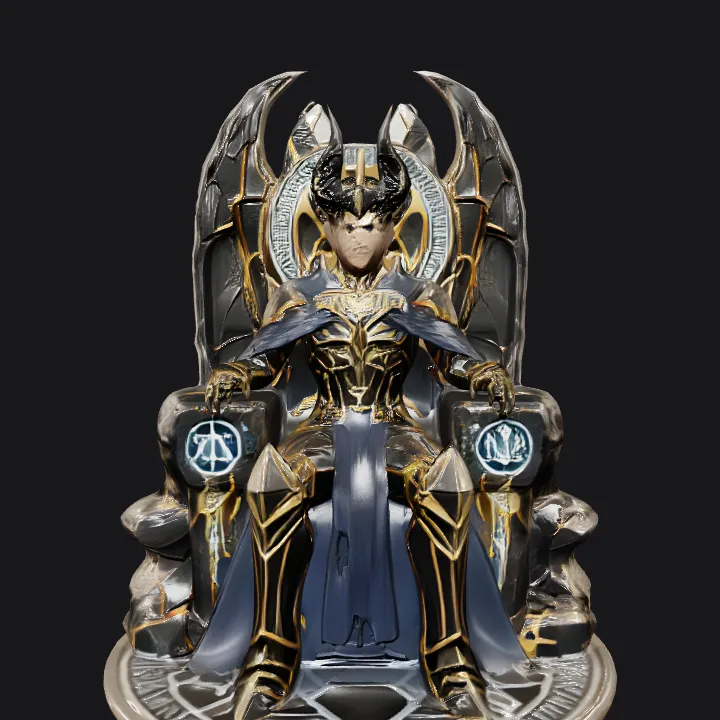 Armored king seated on ornate throne. sharp edges, complex geometry, game-ready, character, symmetric geometry.