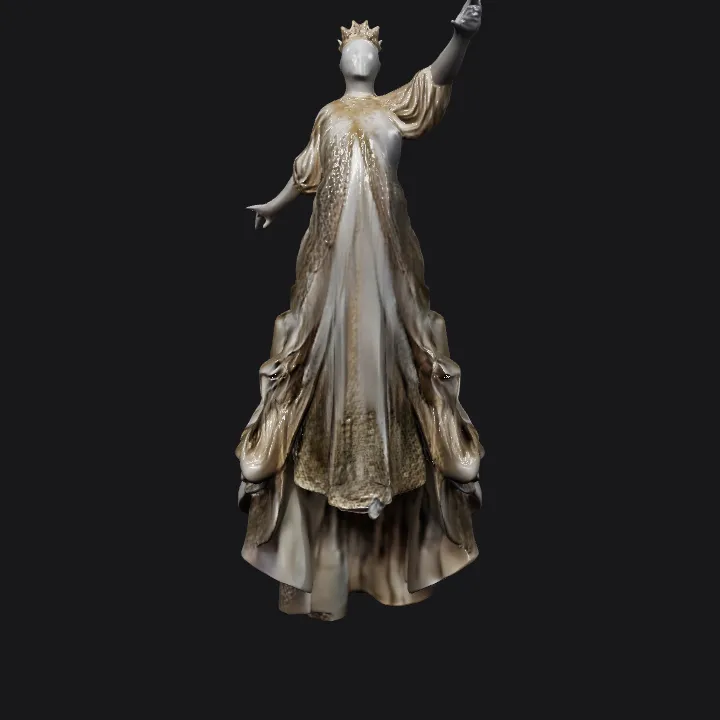 Elegant figure in ornate flowing gown and crown. complex geometry, character, symmetric geometry.