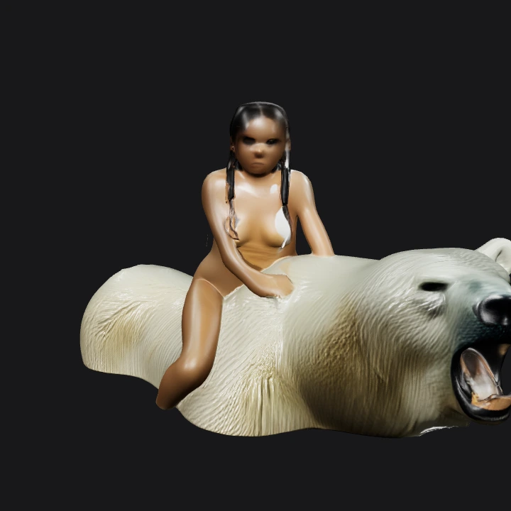 Woman sitting on a polar bear. smooth edges, complex geometry, character.