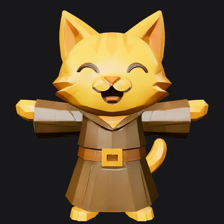 Cartoon cat in monk robe, arms outstretched. smooth edges, simple geometry, game-ready, character, symmetric geometry.