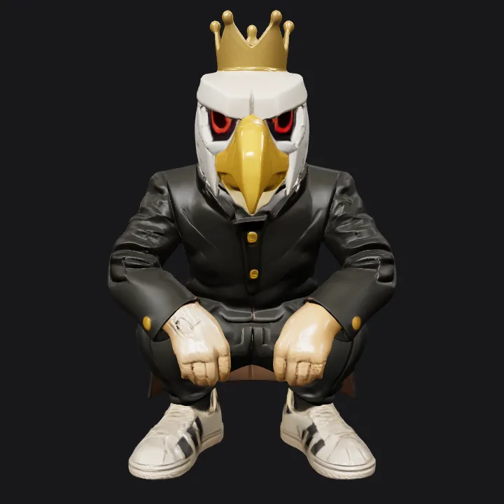 person squatting in dark clothing. sharp edges, complex geometry, character.