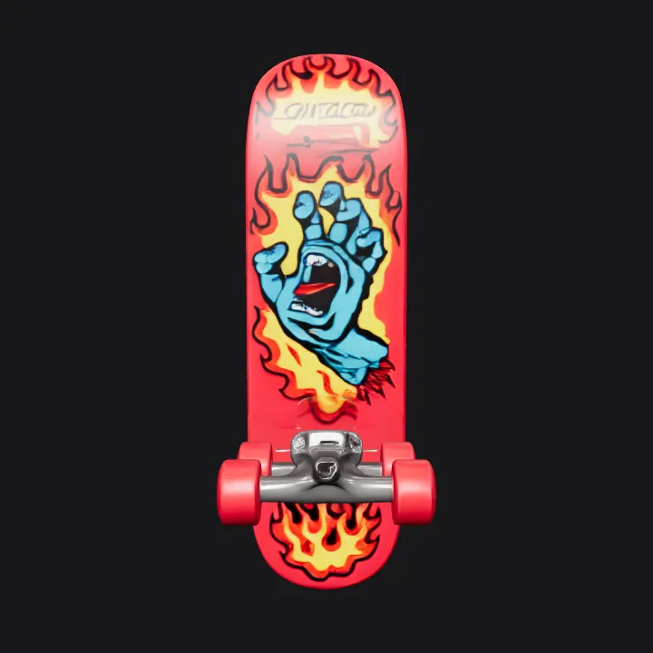 skateboard with flame and screaming hand design. smooth edges, complex geometry, game-ready, symmetric geometry.