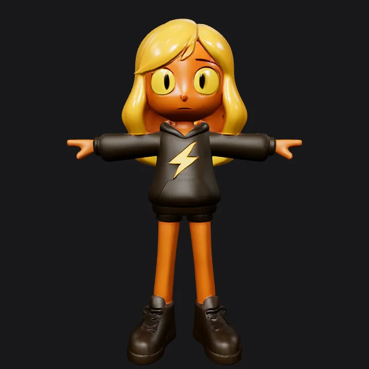 Cartoon girl with lightning symbol hoodie. smooth edges, simple geometry, game-ready, character, symmetric geometry.