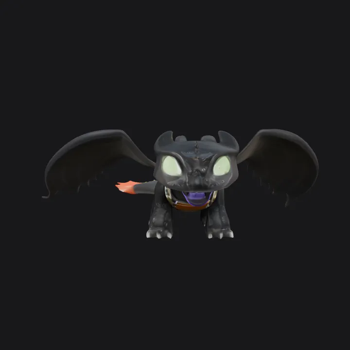 Cartoonish black dragon with large wings. sharp edges, complex geometry, game-ready, character.