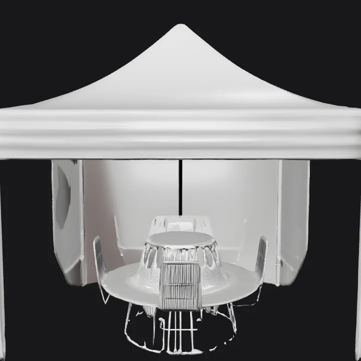 Outdoor tent with table and chairs. smooth edges, simple geometry, symmetric geometry.
