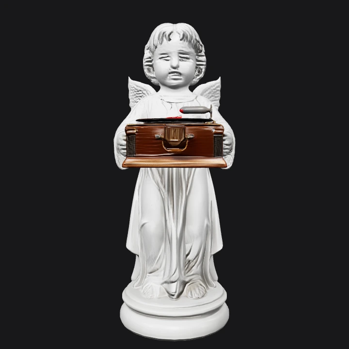 Angel statue holding a record player. smooth edges, complex geometry, character, symmetric geometry.