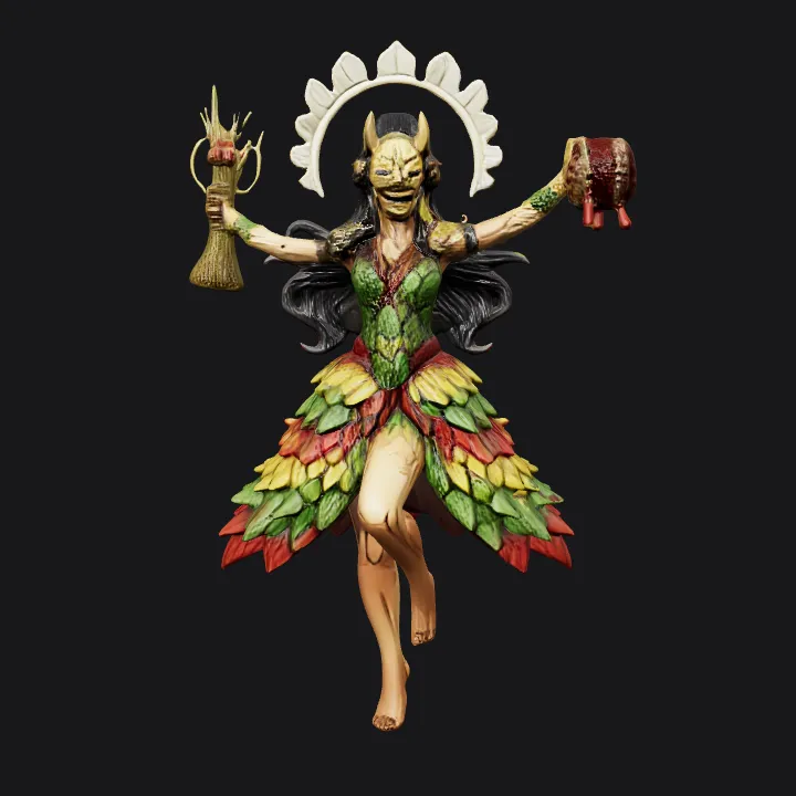 Dancing woman in colorful leaf costume. complex geometry, smooth edges, character.