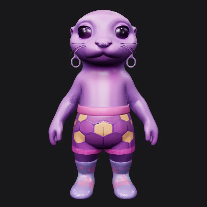 Cartoonish purple animal character with socks. smooth edges, complex geometry, character, symmetric geometry.