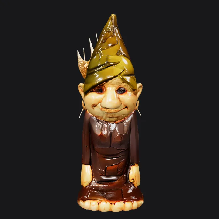 Wooden gnome statue with pointed hat. sharp edges, complex geometry, character, symmetric geometry.