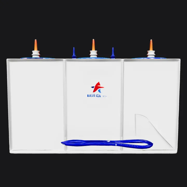 Triple aquarium dosing container with blue tubing. sharp edges, simple geometry, symmetric geometry.