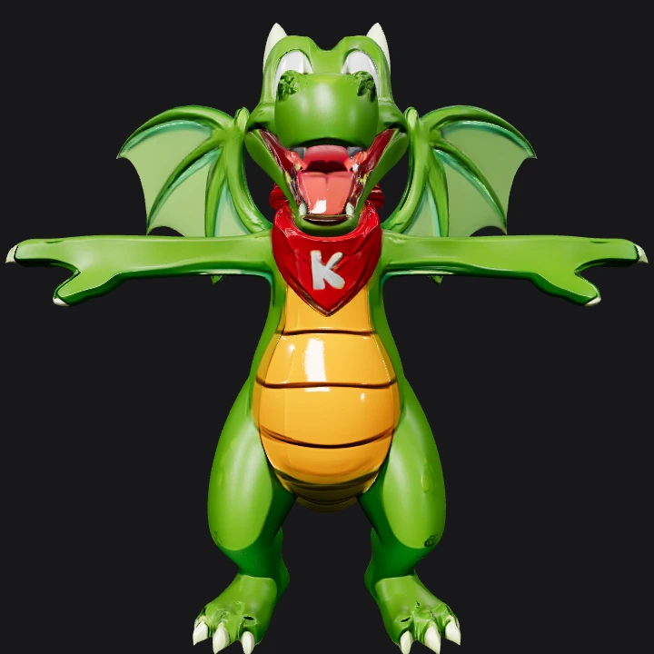 Cartoon green dragon with wings and red scarf. simple geometry, game-ready, character, symmetric geometry.