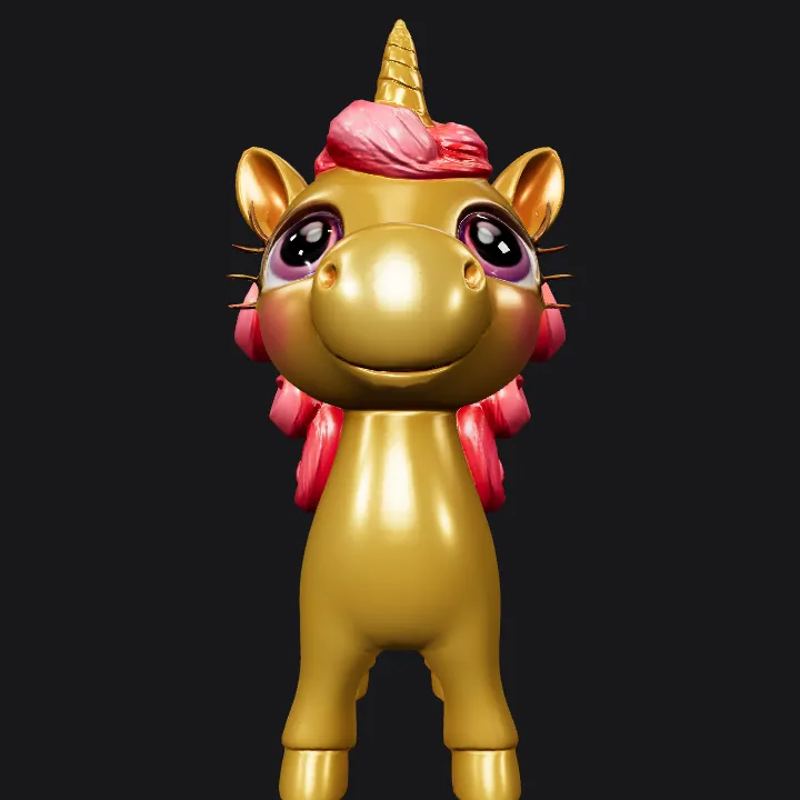 Golden unicorn toy with pink mane. smooth edges, simple geometry, game-ready, character, symmetric geometry.
