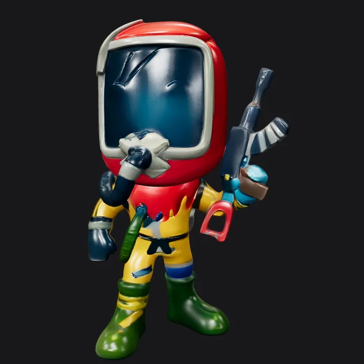 Among Us crewmate with spacesuit and weapon. simple geometry, game-ready, character.