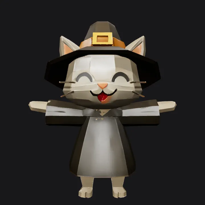 Cartoon cat wearing a witch costume. sharp edges, simple geometry, game-ready, character, symmetric geometry.