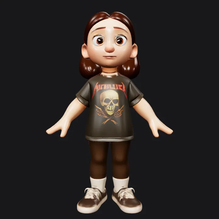 Child wearing band t-shirt and sneakers. smooth edges, simple geometry, character, symmetric geometry.