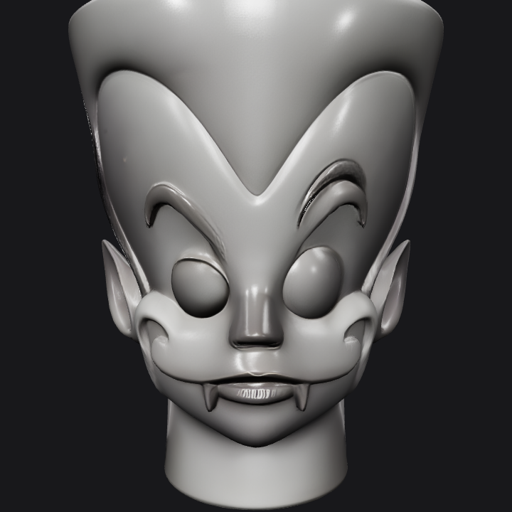 Cartoonish humanoid head with pointy ears. sharp edges, simple geometry, game-ready, character, symmetric geometry.