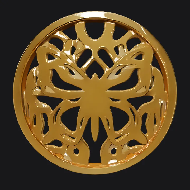 Golden butterfly-shaped decorative medallion. sharp edges, complex geometry, symmetric geometry.