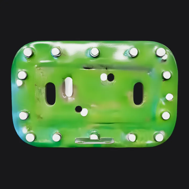 Green tractor mounting plate with bolt holes. sharp edges, simple geometry, game-ready, symmetric geometry.