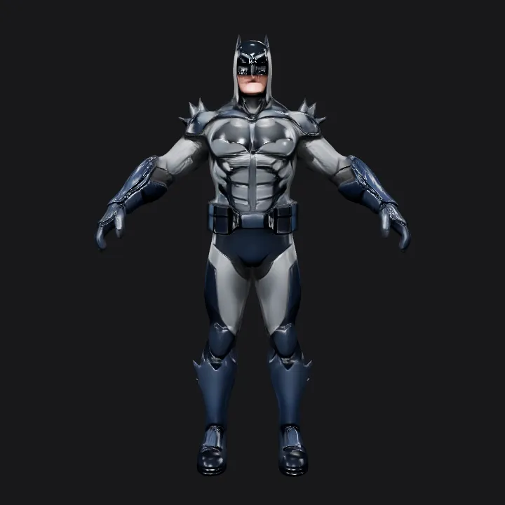 Batman character in armored suit. sharp edges, complex geometry, game-ready, character, symmetric geometry.