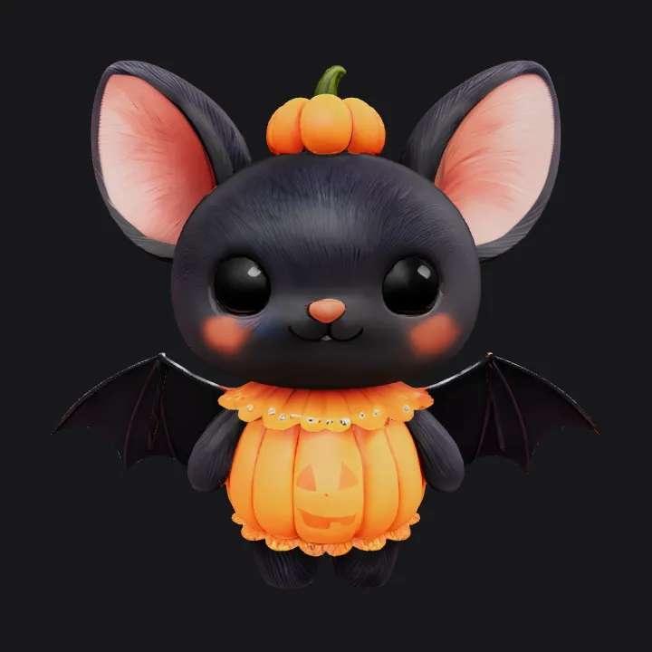 Cute bat in pumpkin costume. smooth edges, simple geometry, game-ready, character, symmetric geometry.