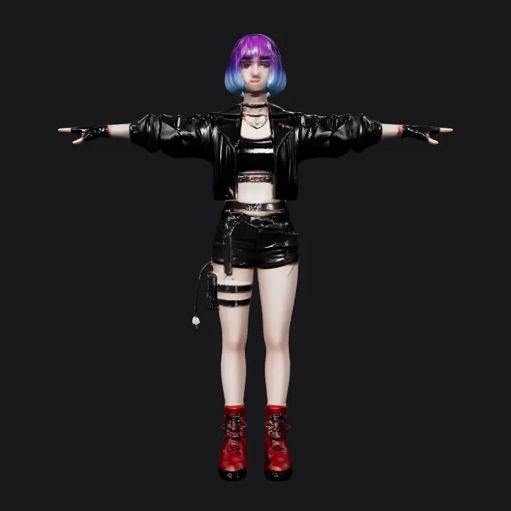 Young woman in punk fashion T-pose. complex geometry, game-ready, smooth edges, character, symmetric geometry.