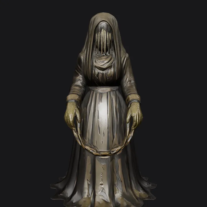 Hooded chained mysterious humanoid figure. smooth edges, complex geometry, character.