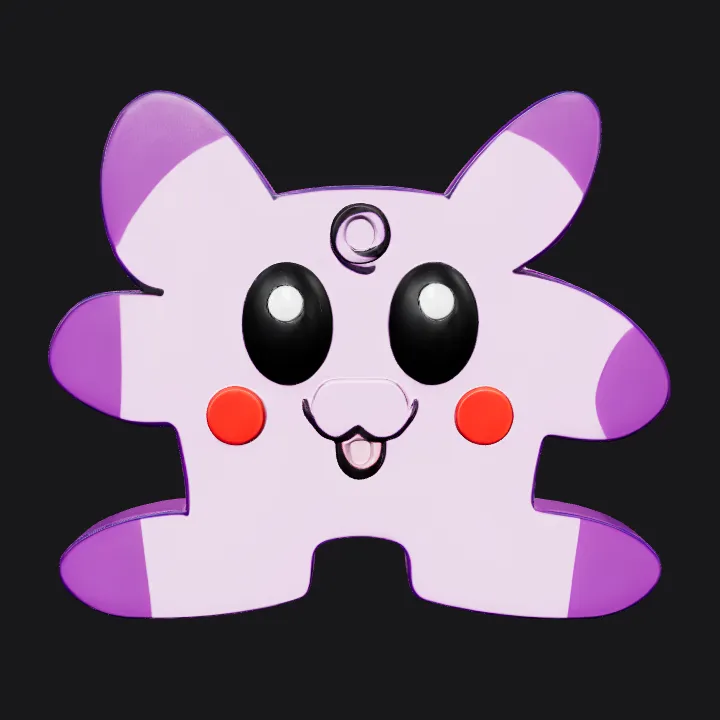 Purple cartoon creature with smiling face. smooth edges, simple geometry, game-ready, character, symmetric geometry.