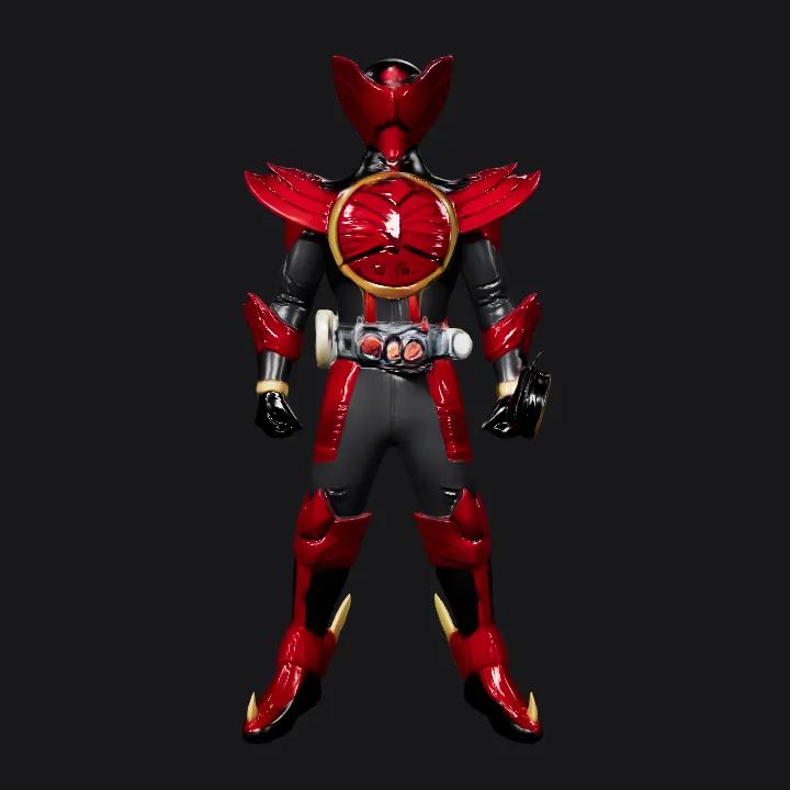 Armored red and black superhero character. sharp edges, complex geometry, game-ready, character, symmetric geometry.